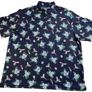 Roundtree Yorke Performance Shirt Men's 2XT Polo Blue Floral Parrot Hawaiian